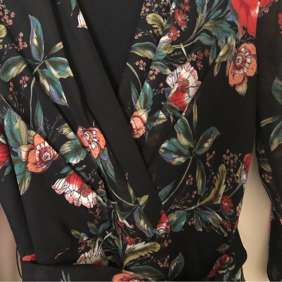 Black Red Dark Floral Chiffon 3/4 Long Sleeve Maxi Dress 6 - Picture 3 of 16